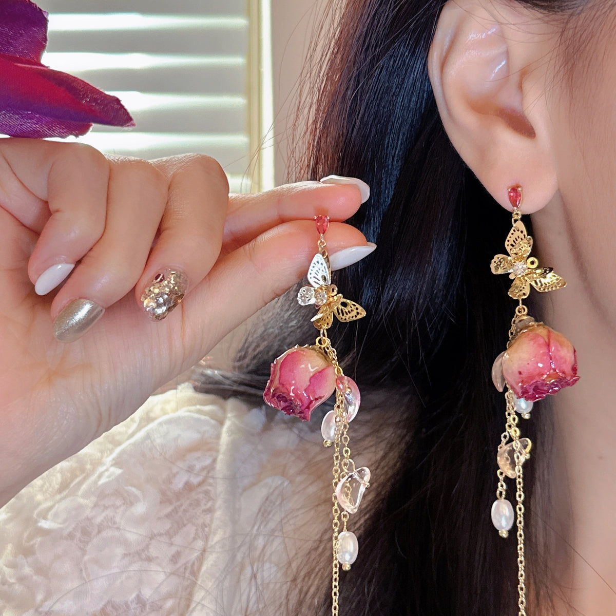 New Vintage Preserved Rose Flower Shell Pearl Tassel Earrings for Women