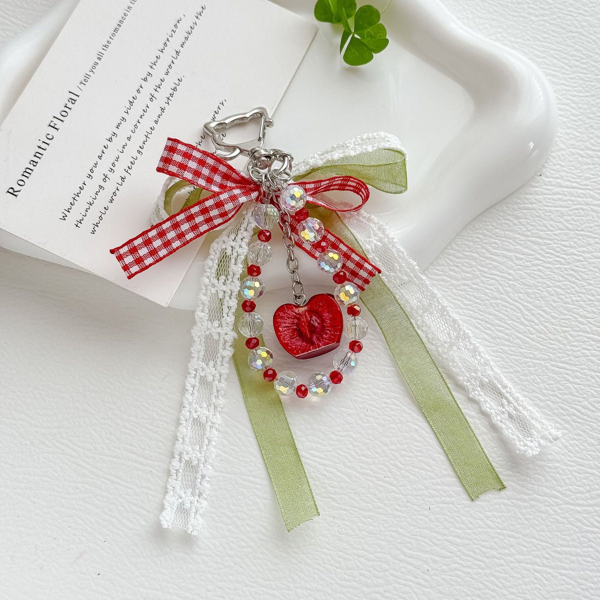 Japanese Style Cherry Bowknot Beaded Keychain Plaid Ribbon Bag Charm for Girls