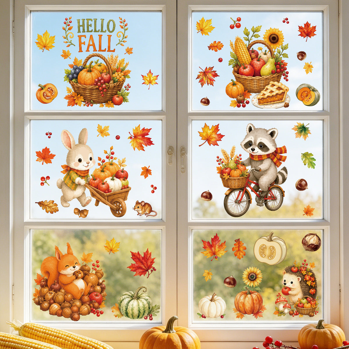 Autumn Harvest Static Cling Window Decals with Cute Animals for Thanksgiving Decor