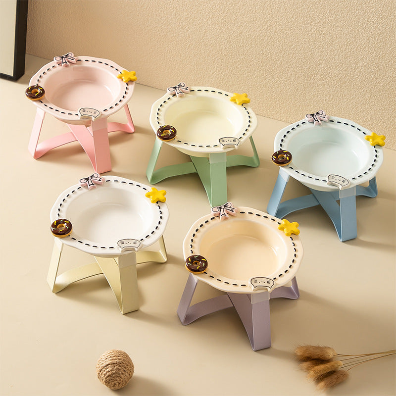 Ceramic Pet Bowl with Raised Stand for Cats and Small Dogs, Anti-Slip, Neck Protection, Food and Water Dish