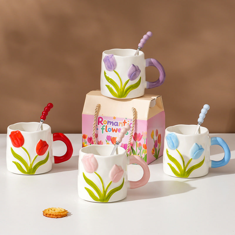 Colorful Tulip Ceramic Mug with Spoon, Underglaze Water Cup, Teacher's Day Gift for Women
