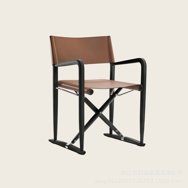 Outdoor Teak Folding Director's Chair with Saddle Leather for Patio Garden Villa