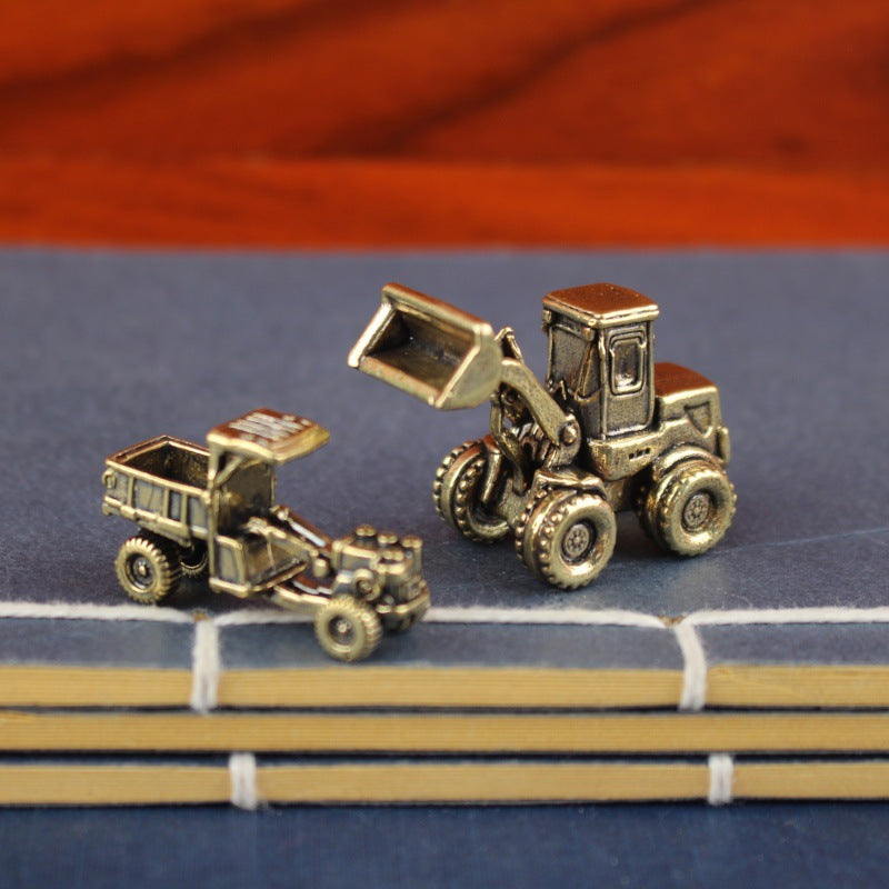 Vintage Brass Mini Engineering Vehicle Ornament, Miniature Alloy Excavator Truck Model for Home Decor