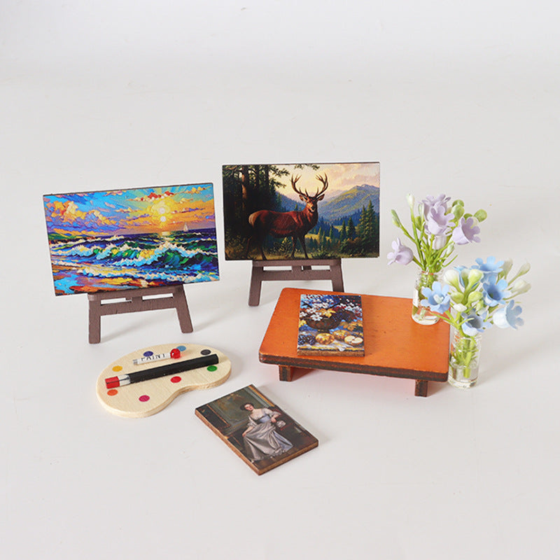 Dollhouse Miniature Classical Oil Painting Set with Wooden Table