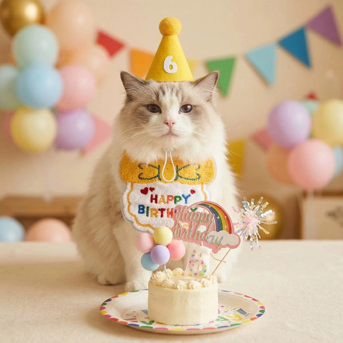 Pet Birthday Bib and Hat Set with Cake Decor for Cats and Dogs