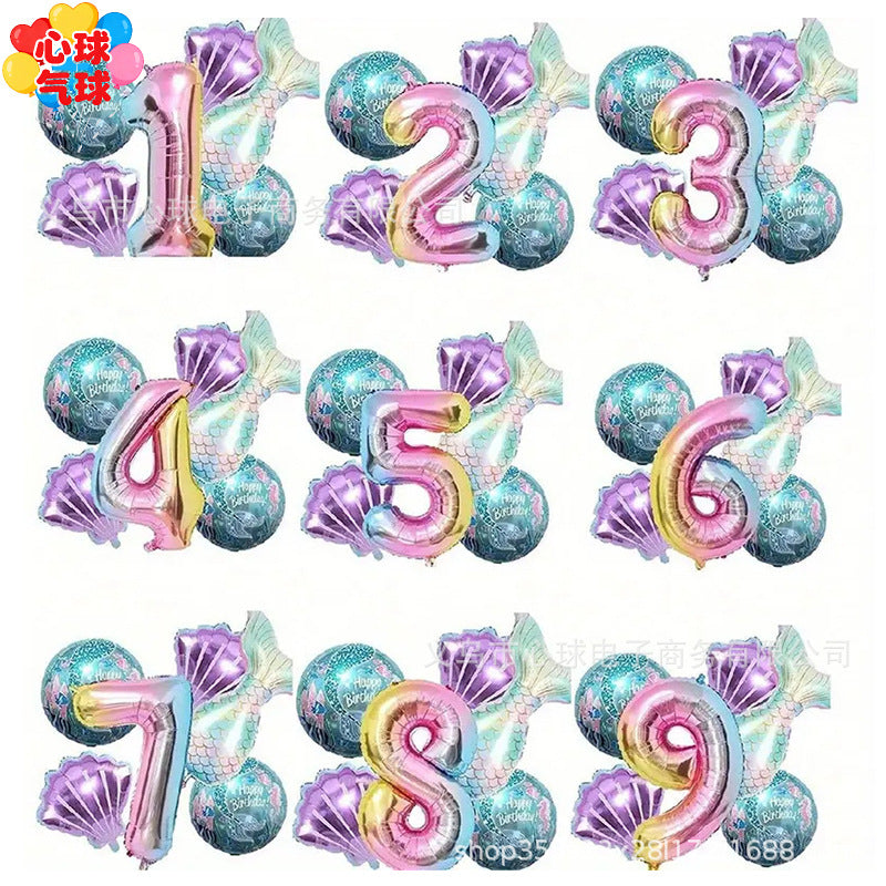 6-Piece Mermaid Tail & Number Foil Balloon Set for Birthday Party Decoration