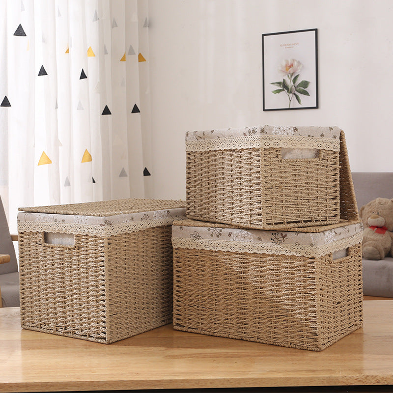 Large Imitation Rattan Storage Basket with Lid for Sundries Clothes Toys Underwear Organizer