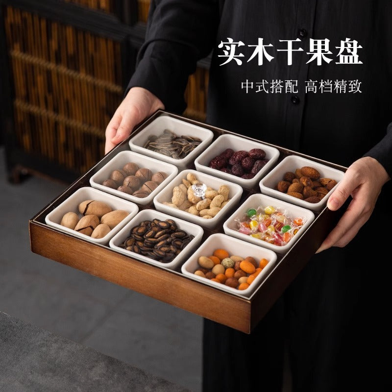 Chinese Style Wooden Divided Snack Serving Tray with Lid