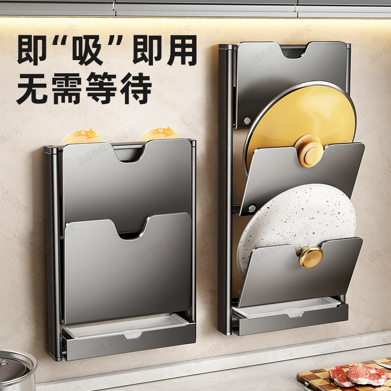 Wall-Mounted Pot Lid Holder with Suction Cup or Adhesive, Foldable Kitchen Organizer for Cutting Boards and Lids