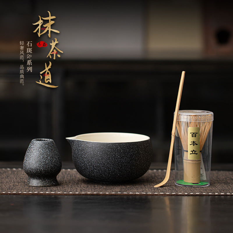 Japanese Style Matcha Whisk Holder and Bowl Set - Speckled Glaze Ceramic