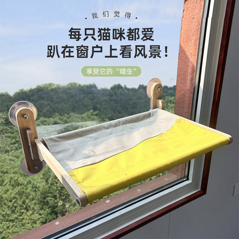 Foldable Cat Hammock Window Perch with Suction Cups, Wooden Frame Cat Bed, Scratching Board for Sunbathing