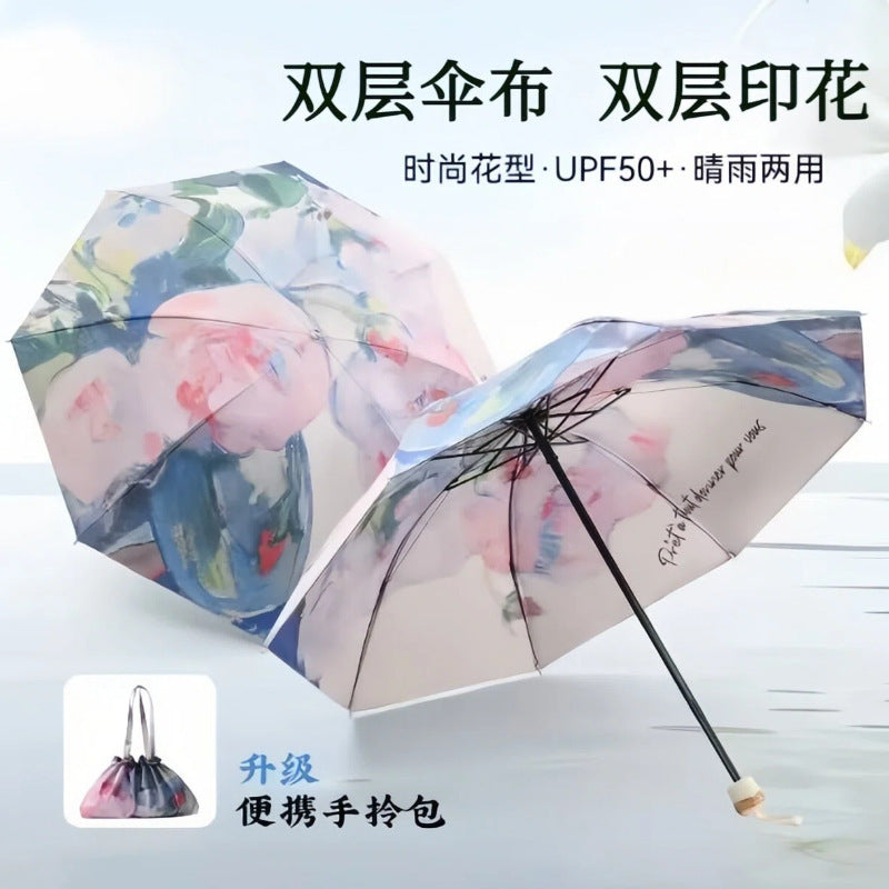 Dual-Layer UV Protection Folding Umbrella with Black Glue Coating for Sun and Rain