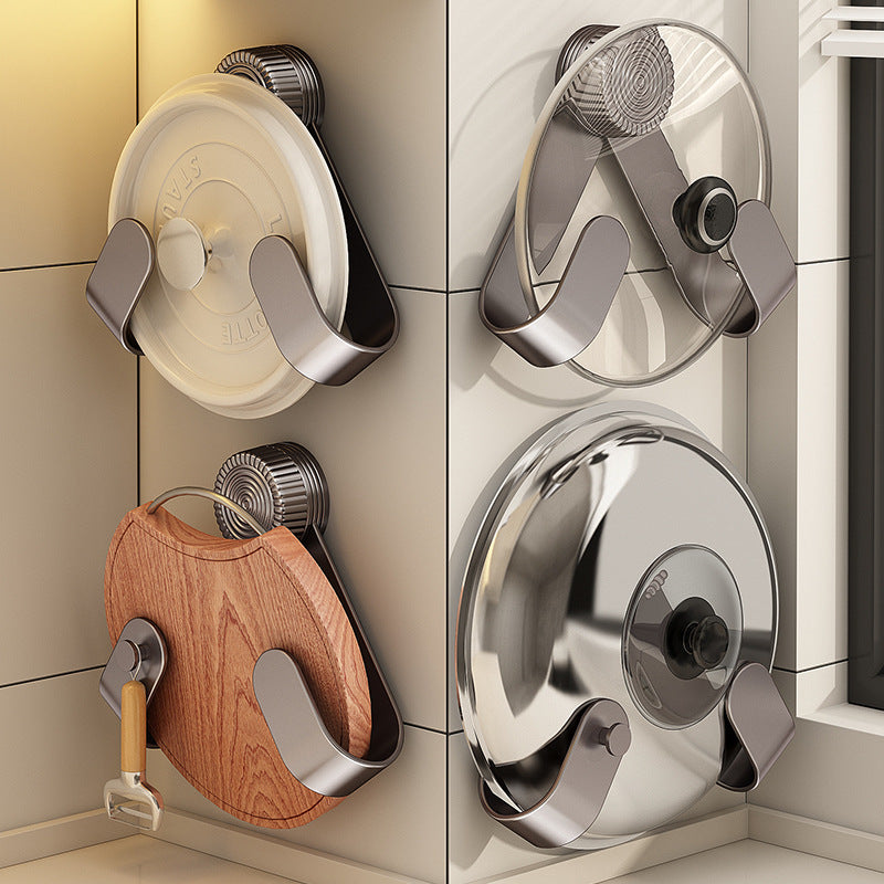 Wall-Mounted Suction Cup Pot Lid Holder with Rotating Design, Punch-Free Kitchen Storage Rack for Cutting Boards