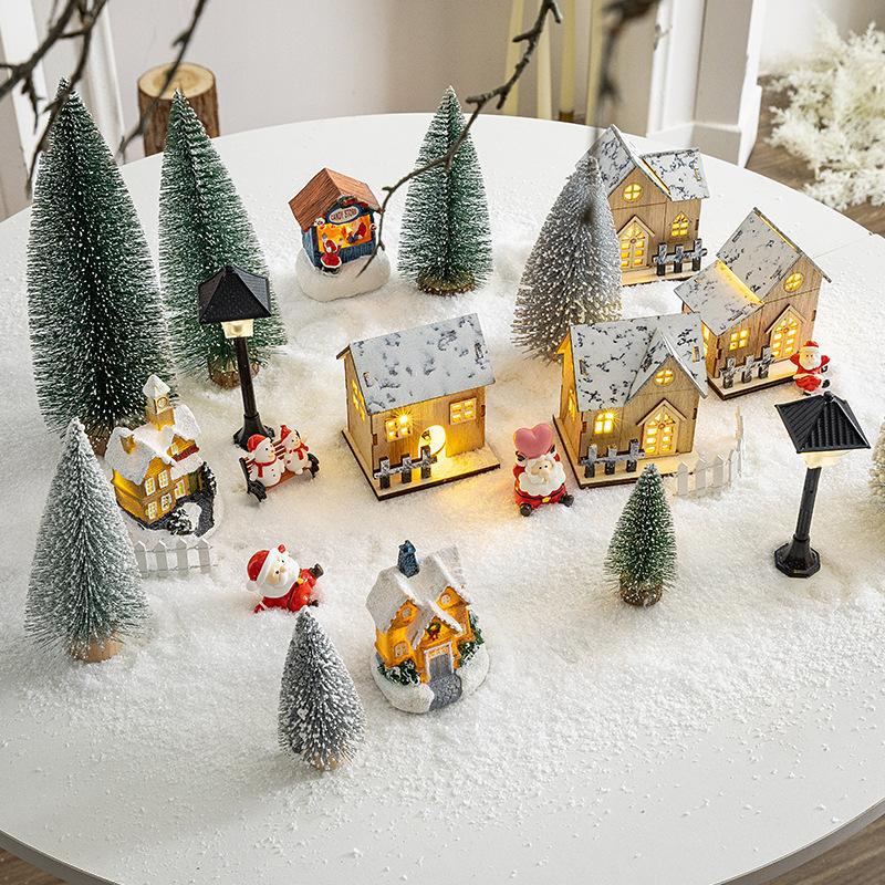 Christmas Village LED Light-Up Wooden House Ornaments with Snow and Trees for Holiday Decor