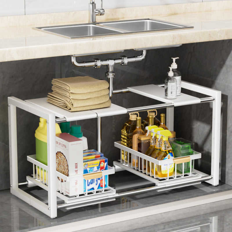 Under-Sink Pull-Out Storage Rack for Kitchen Cabinets, Expandable 2-Tier Organizer for Pots and Pans