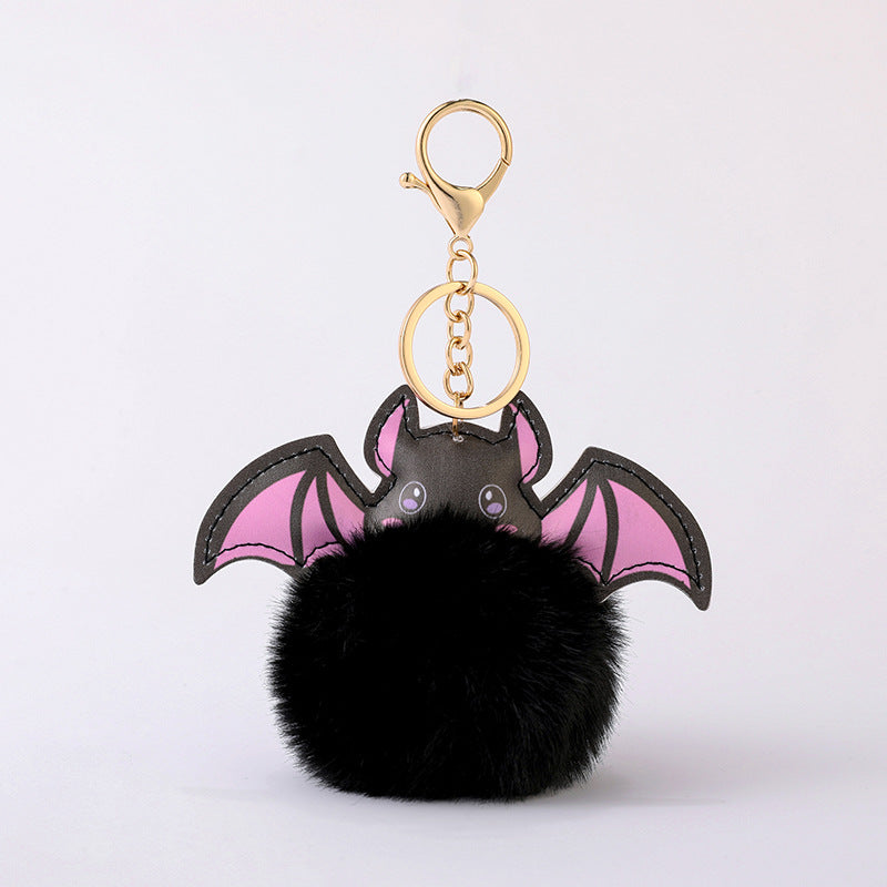 Halloween Colorful Bat Pom Pom Keychain Plush Bag Charm Car Accessory