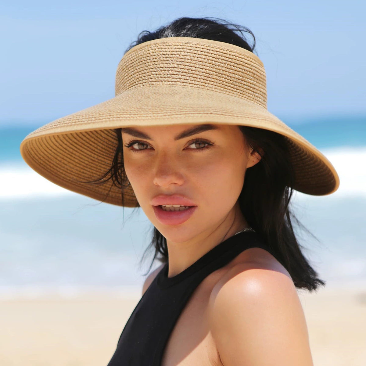 Women's Wide Brim Straw Sun Visor Hat for Ponytails, Foldable Beach Travel Empty Top Sun Hat