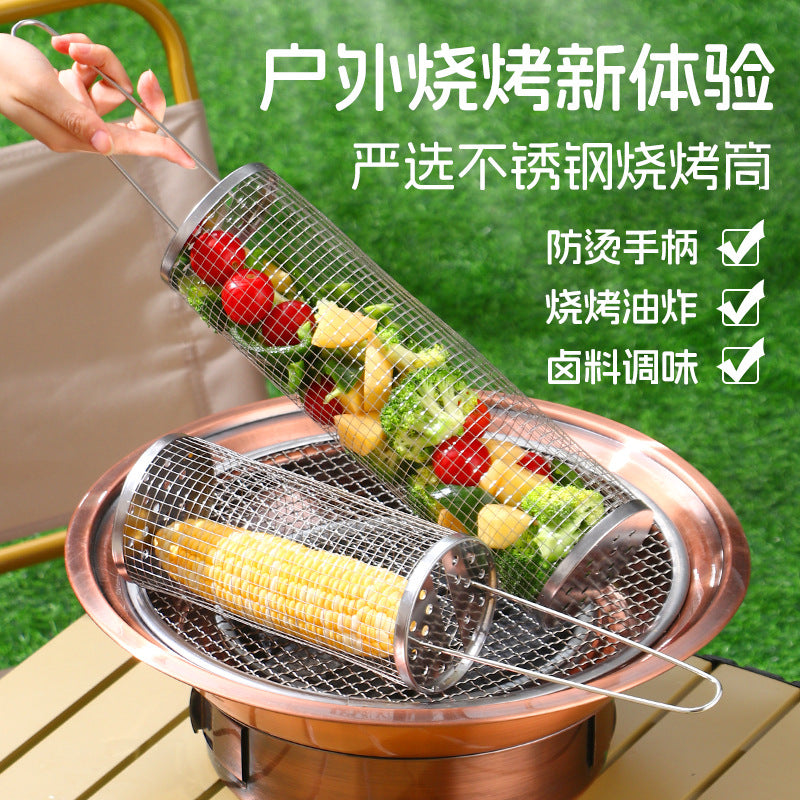 Stainless Steel Portable Rolling BBQ Grill Basket for Camping & Picnics