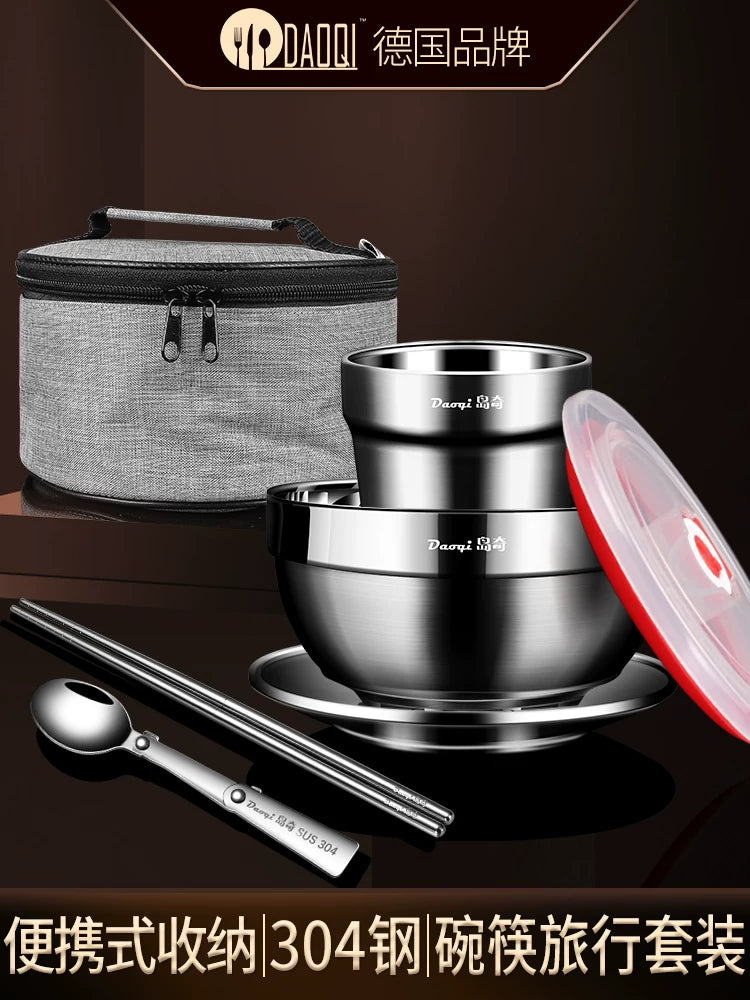 German Doki 304 Stainless Steel Portable Travel Dinnerware Set for Kids & Adults - Bowl, Spoon, Chopsticks, Plate, Bag