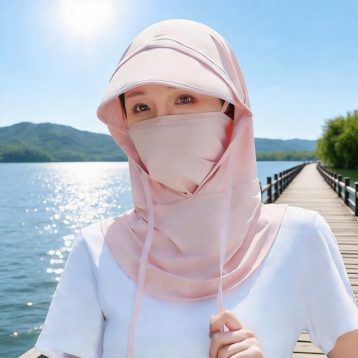 Women's Summer Ice Silk Full Face Sun Protection Hood with Neck Flap for Cycling and Driving