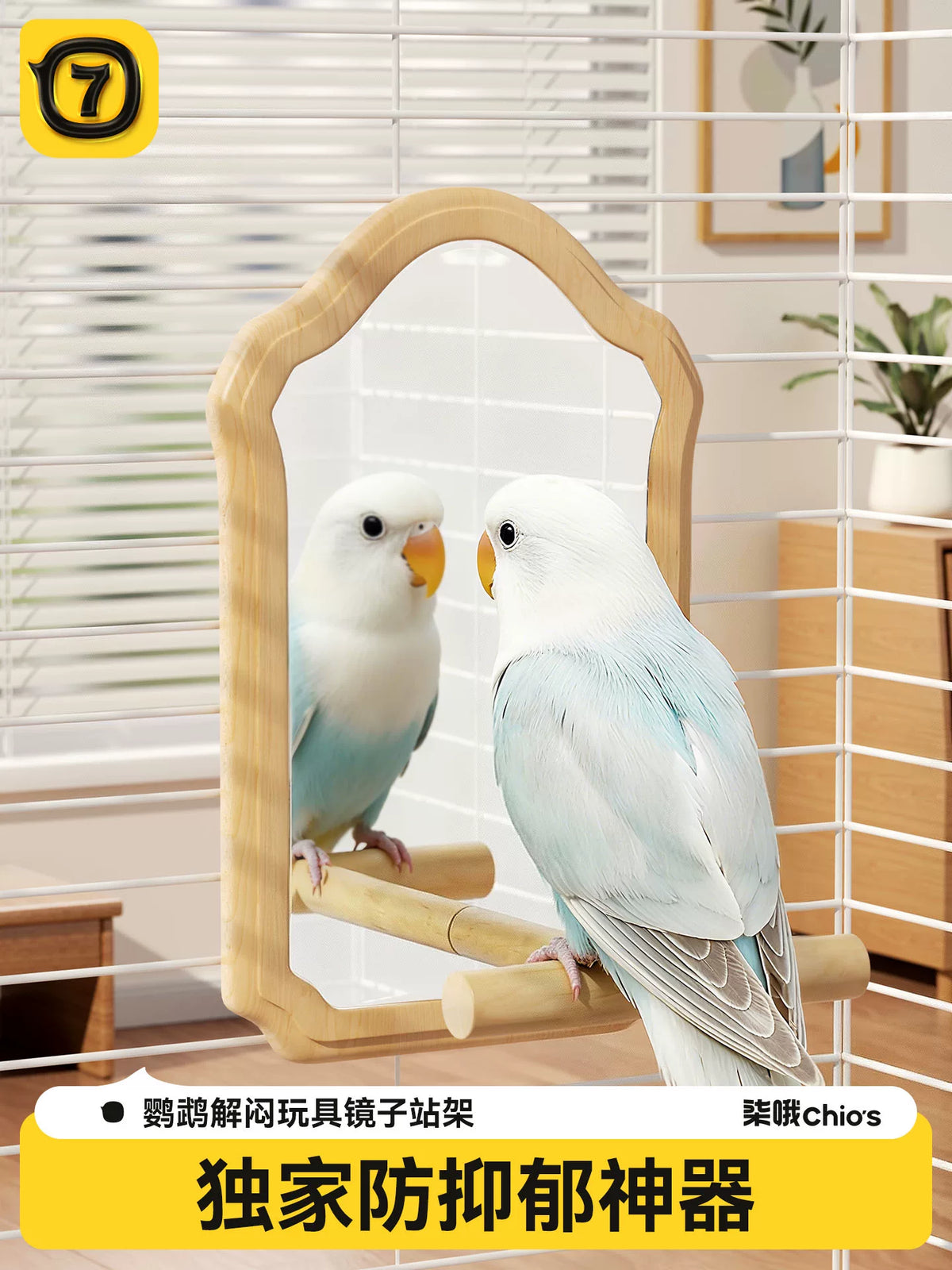 Parrot Mirror Toy with Wooden Perch for Cage Decoration - Relieves Boredom for Budgies, Cockatiels, and Small Birds
