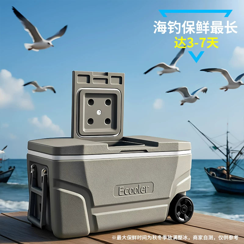 Large Insulated Fishing Cooler Box with Wheels for Outdoor Activities and Commercial Use
