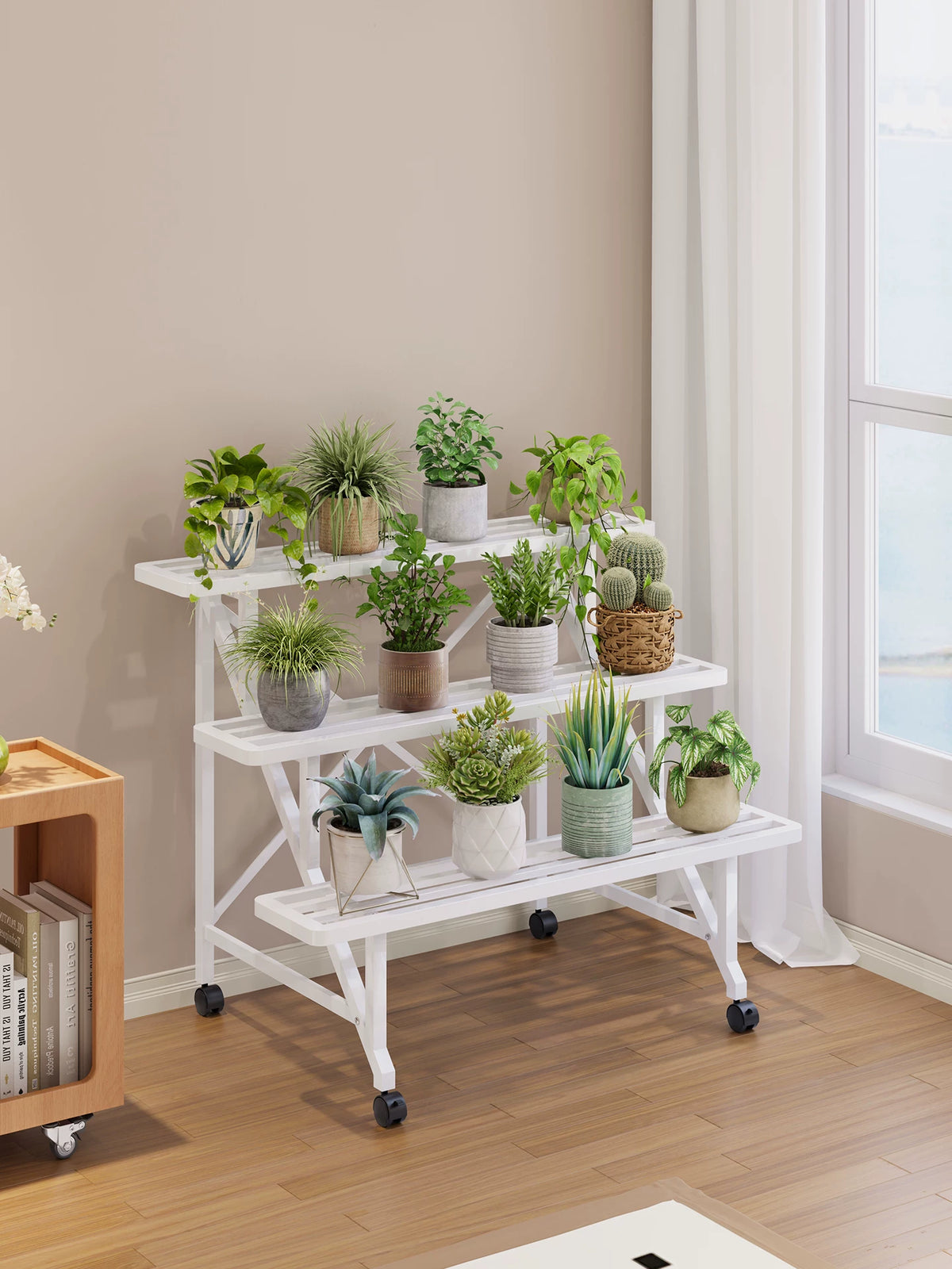 Multi-Tier Wrought Iron Plant Stand with Wheels for Balcony and Living Room