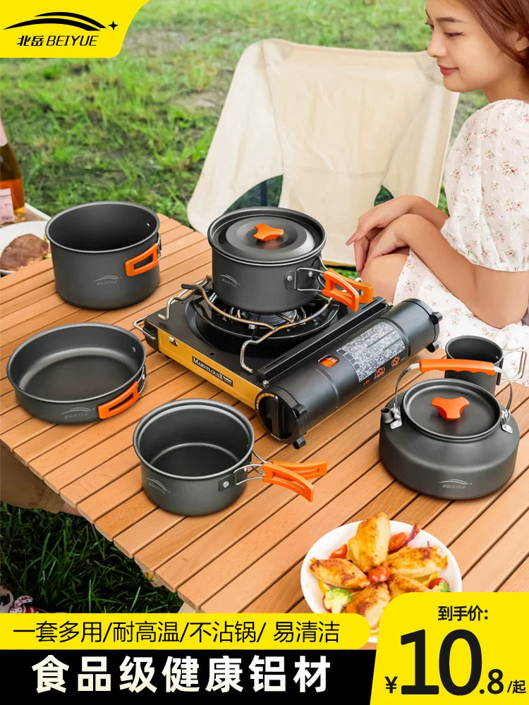 Portable Outdoor Camping Cookware Set with Kettle, Frying Pan, and Pot