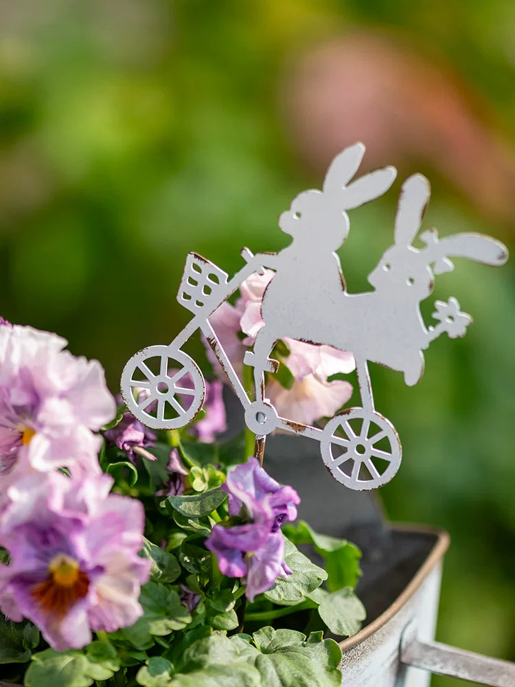 Japanese Zakka Style Iron Art Garden Villa Balcony Flower Pot Decoration Landscape Small Rabbit Riding Bicycle Plug-in