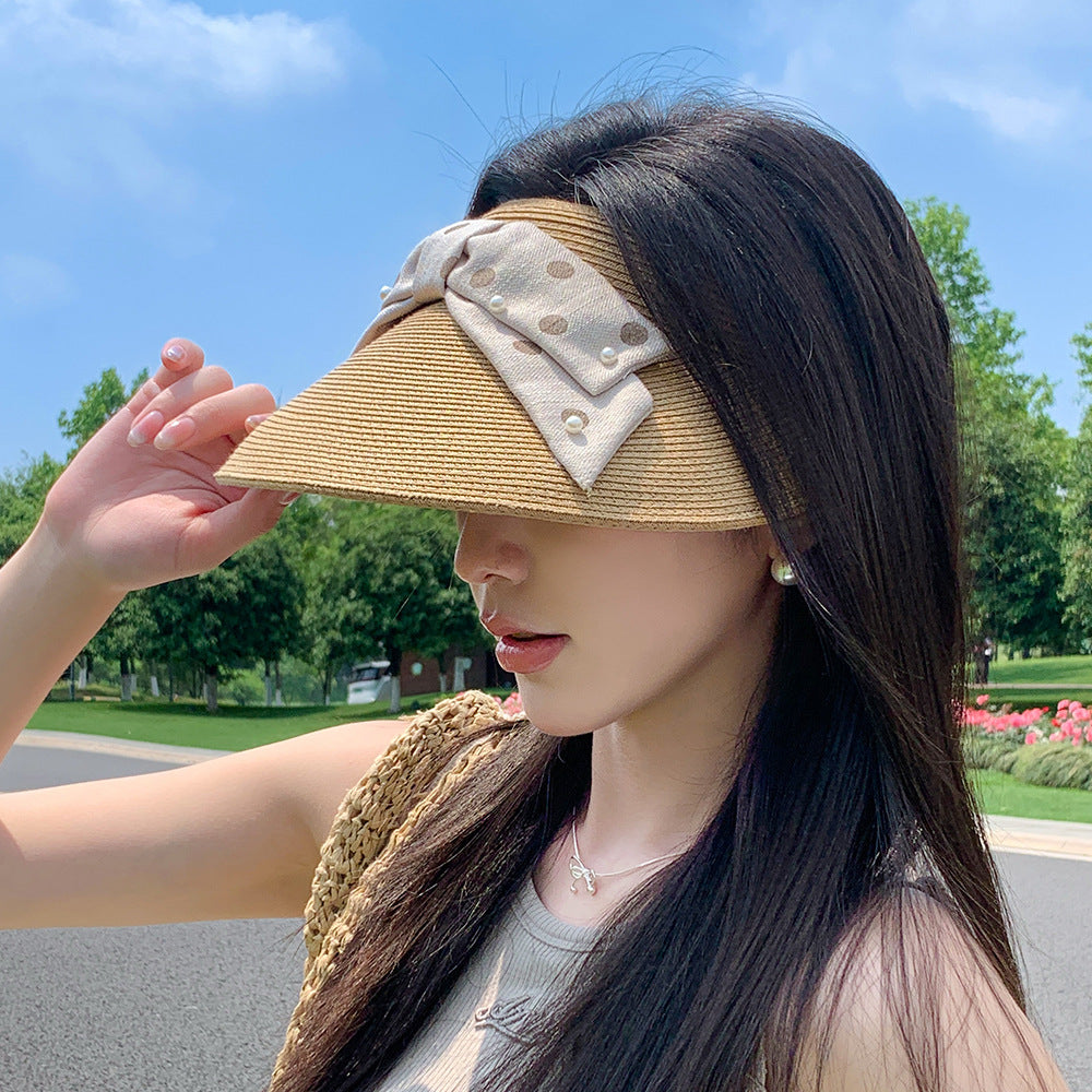 Pearl Polka Dot Bowknot Visor Sun Hat for Women, Outdoor Travel Beach Straw Hat