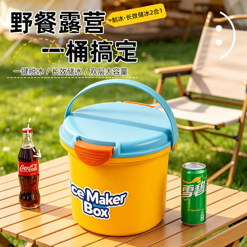 Portable Ice Maker Bucket for Outdoor Camping and Home Use, Manual Press Ice Cube Tray with Handle