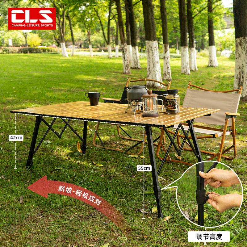 Portable Height-Adjustable Aluminum Roll-Up Camping Table with Wood Grain Finish for Outdoor BBQ & Picnic