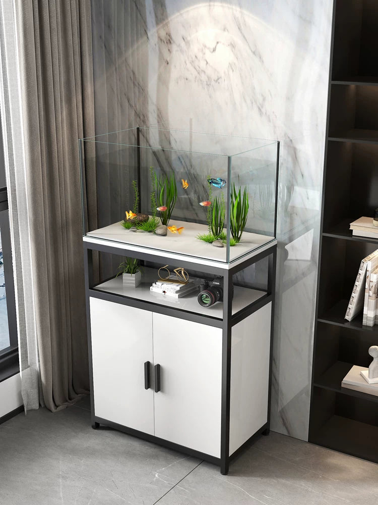 Minimalist Solid Wood Aquarium Stand with Metal Frame for Living Room, Multi-tier Fish Tank Base Cabinet
