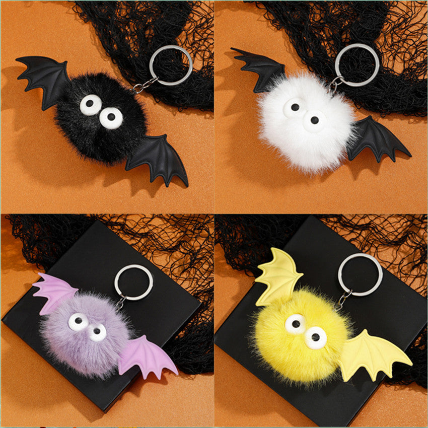 Halloween Bat Pom-Pom Keychain Silicone Bat Bag Charm Plush Monster Elf Keyring