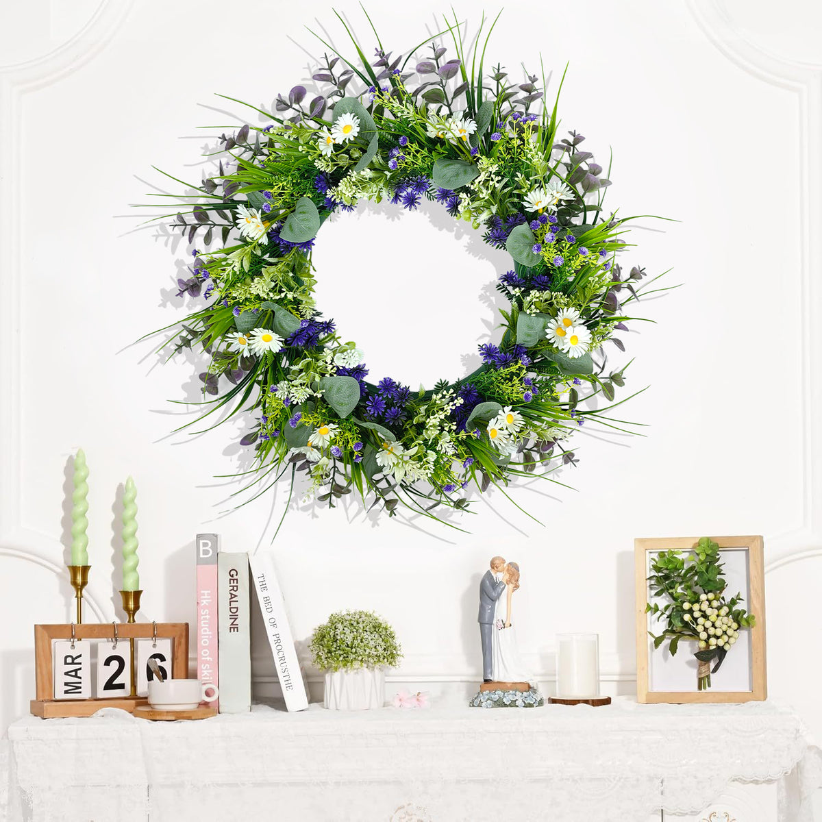Artificial Daisy Eucalyptus Wreath for Door Decor and Wedding Decoration