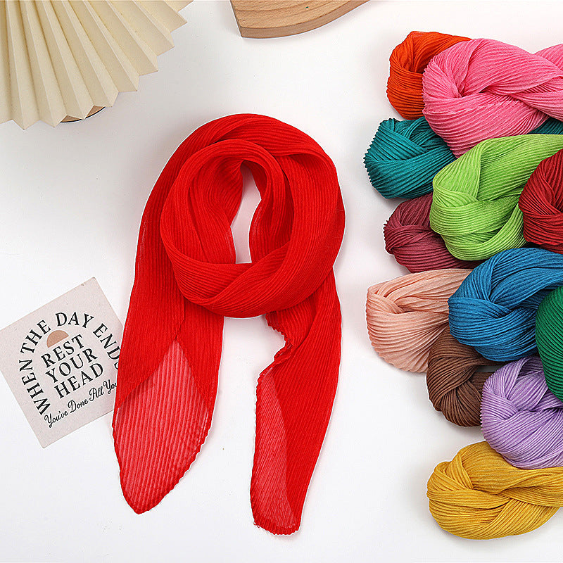 Solid Color Pleated Chiffon Scarf for Women, Soft Breathable Diamond-shaped Shawl