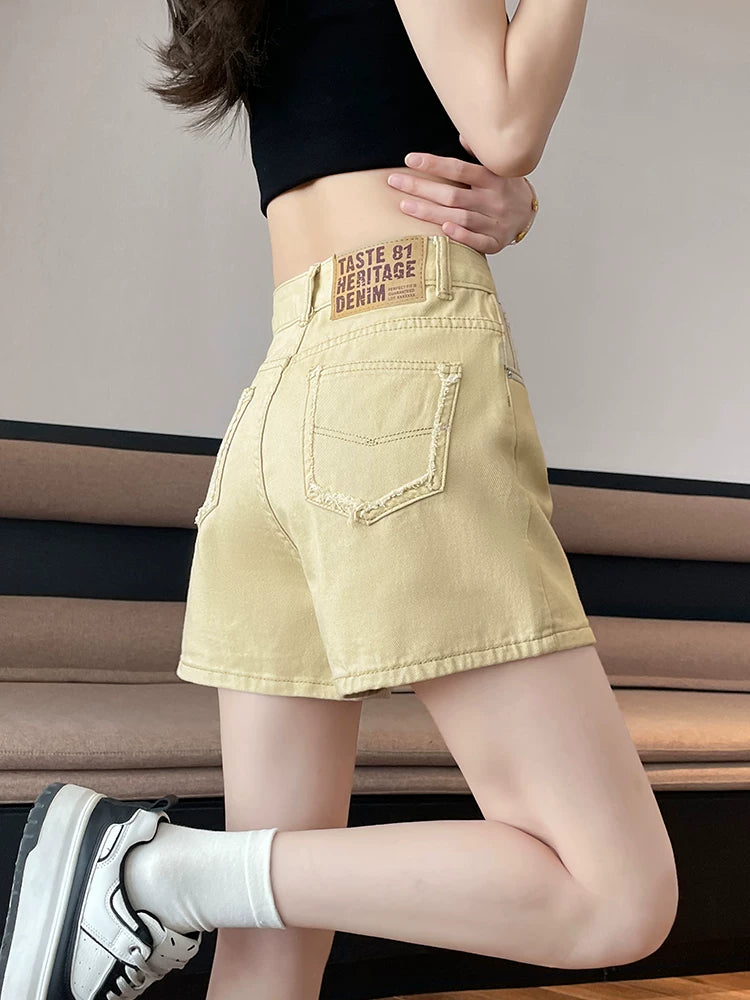 Women's High-Waisted A-Line Denim Shorts with Frayed Hem