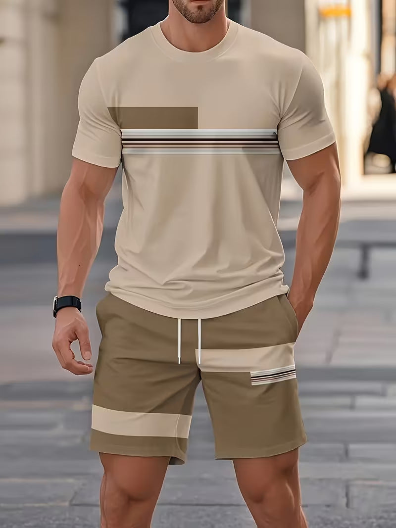 Men's Casual 3D Print Short Sleeve Shirt & Shorts Set