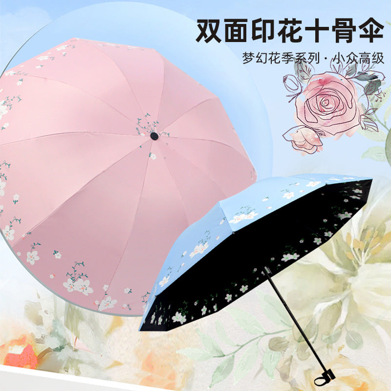 Double-Sided Floral Print 10-Rib Folding Sun Umbrella for Outdoor UV Protection