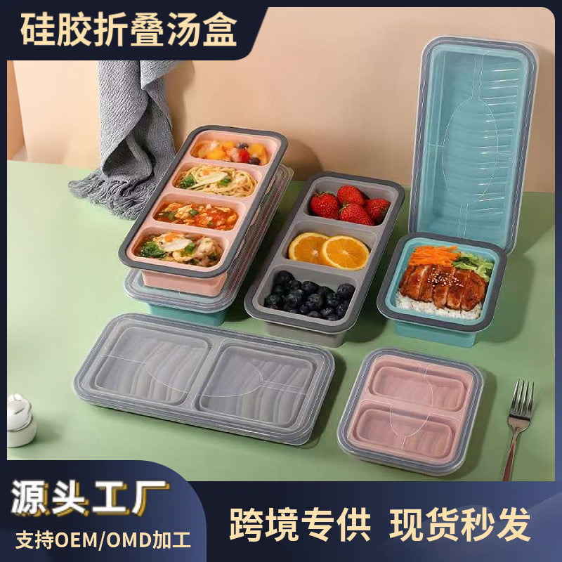 Collapsible Silicone Lunch Box with Compartments, Microwave Safe Food Storage Container
