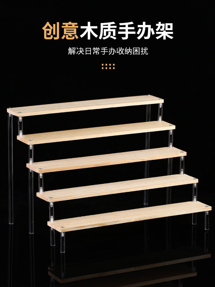 Acrylic Wood Display Stand for Blind Boxes and Figurines, Tiered Organizer Shelf