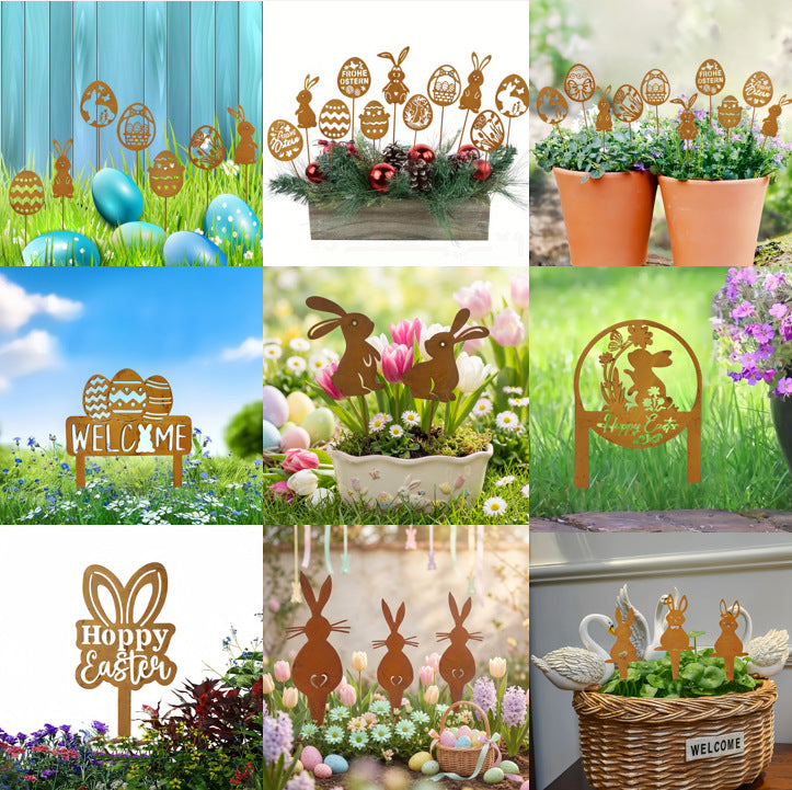 Easter Rusty Rabbit Garden Stakes and Yard Decor