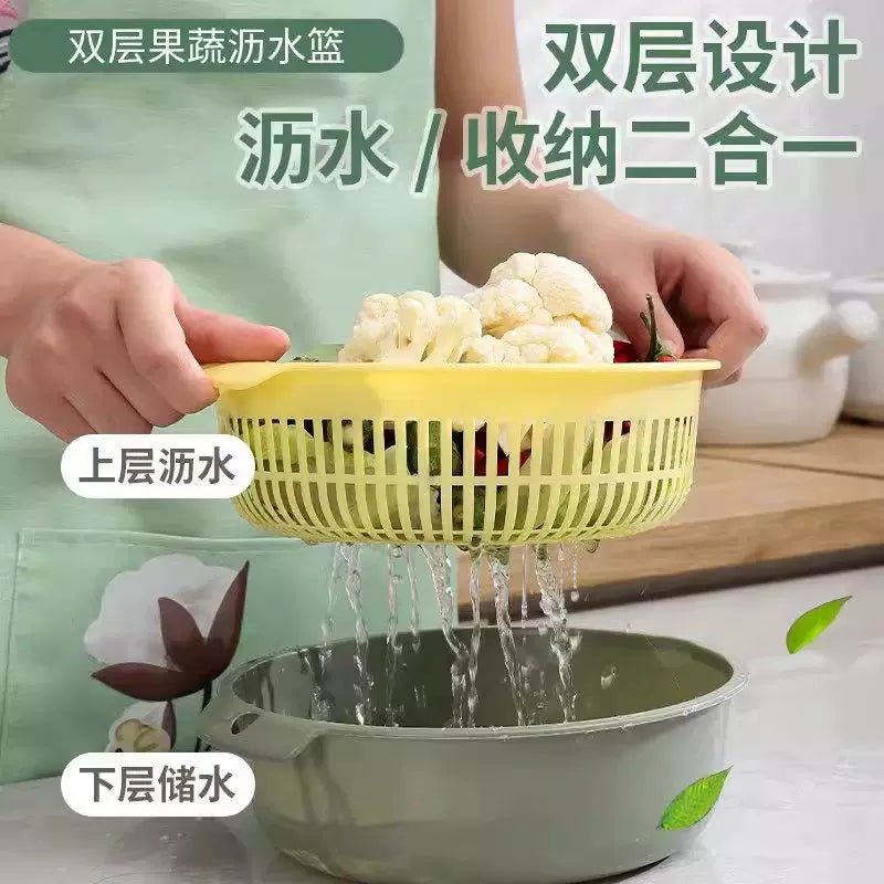 Double-Layer Kitchen Strainer Bowl Set with Drain Basket for Washing Vegetables and Fruits