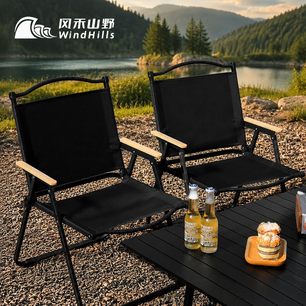 Outdoor Folding Wooden Kermit Chair with Roll-Up Table for Camping Picnic Fishing