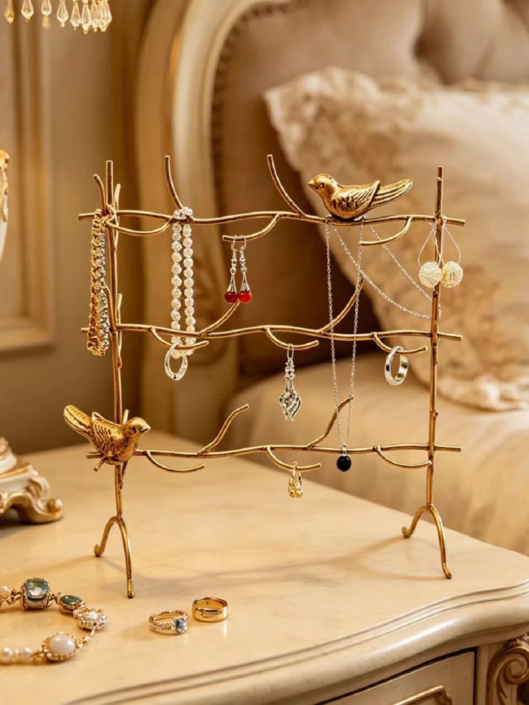 Iron Tree-Shaped Earring Holder Jewelry Display Stand with Bird Decor