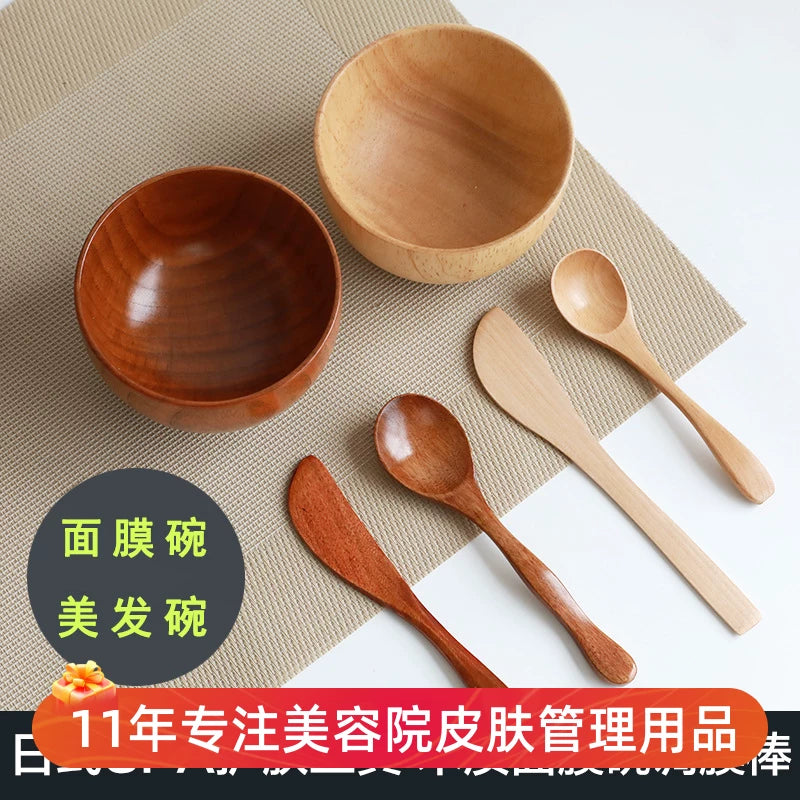 Wooden SPA Facial Mask Mixing Bowl Set with Stirring Stick and Scraper for DIY Beauty Treatments