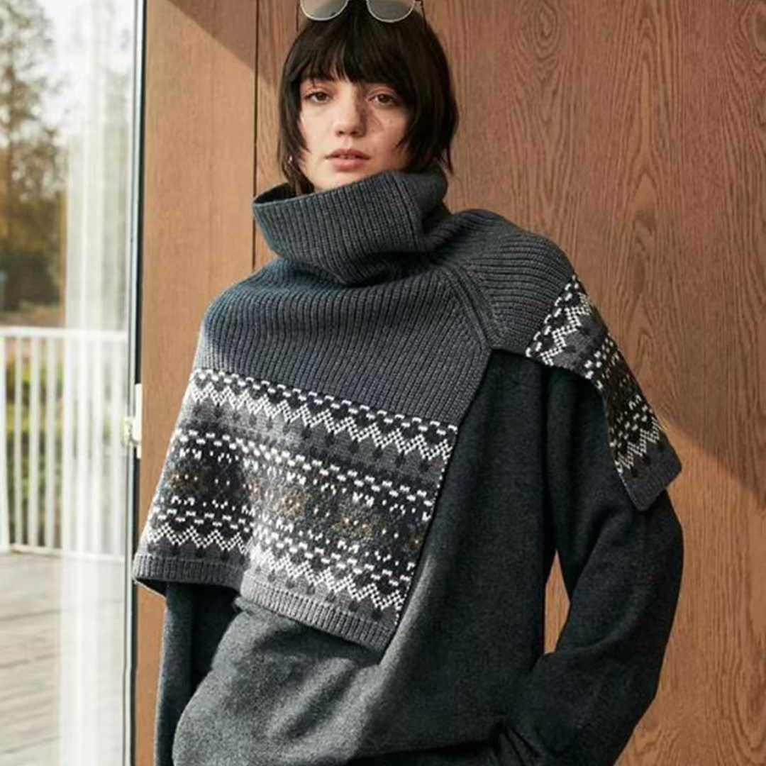 Fair Isle Vintage High-Neck Knitted Scarf Poncho for Women, Thick Warm Winter Shawl
