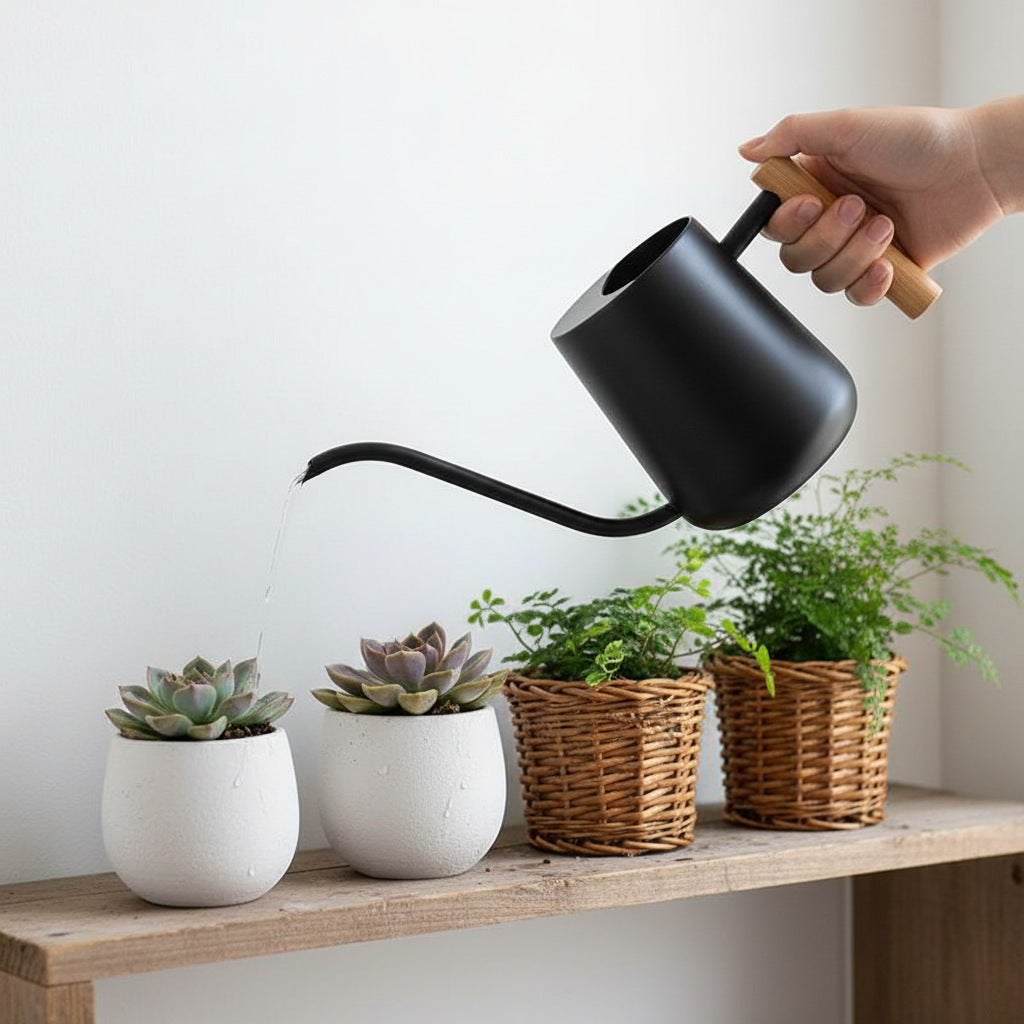Stainless Steel Watering Can with Wooden Handle, 1000ml for Indoor Plants