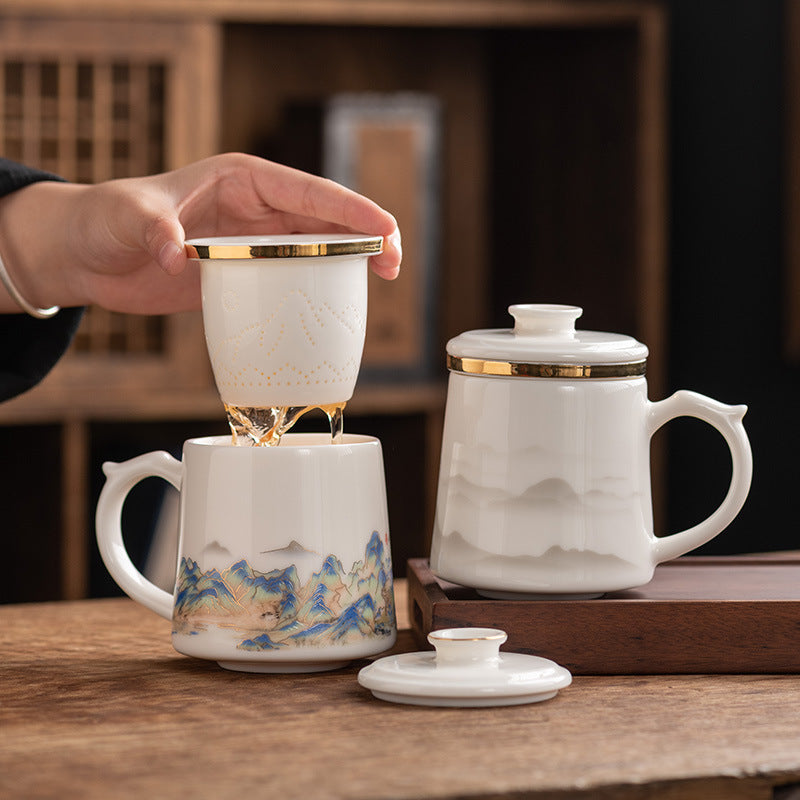 Mutton Fat Jade White Porcelain Tea Mug with Infuser and Lid, Tea-Water Separation Office Cup