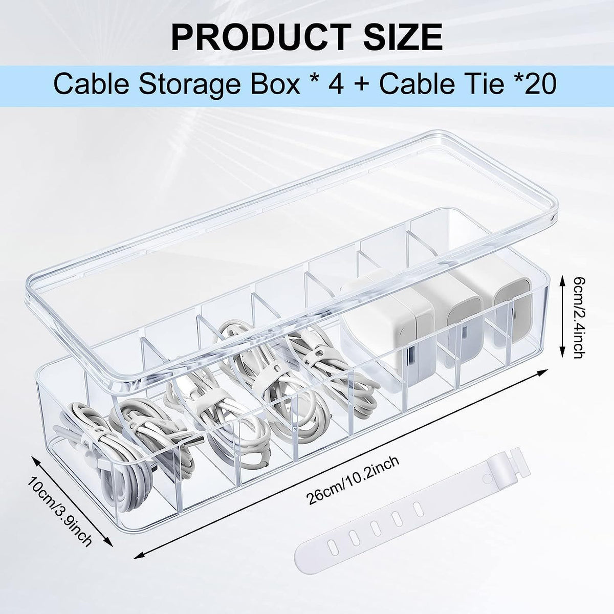Desktop Cable Organizer Box with 8 Compartments and Dustproof Lid